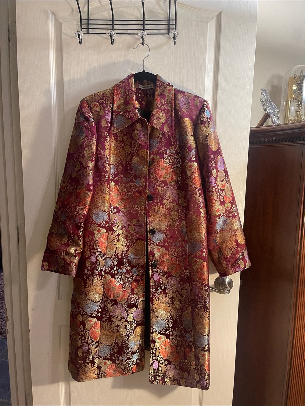 Notations Burgundy Floral Jacquard Trench Coat with Gold Accents